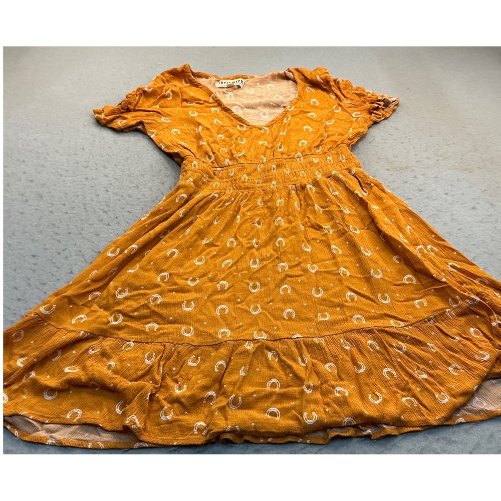 Joyli Horseshoe Print Smocked Waist Ruffle Dress Orange Mustard Small Western